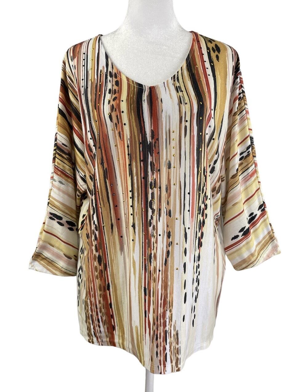 Chico's 2 US L/ 12 Jungle Trails Dolman Top 3/4 Sleeve Embellished Striped